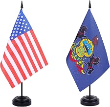 WXTWK 2 Pack USA Pennsylvania Flag Pennsylvania State Desk Flag Set - Mini Small Pennsylvania Table Office Flags with Black 12" Solid Pole Stand Base Classroom Meeting Desktop Decorations