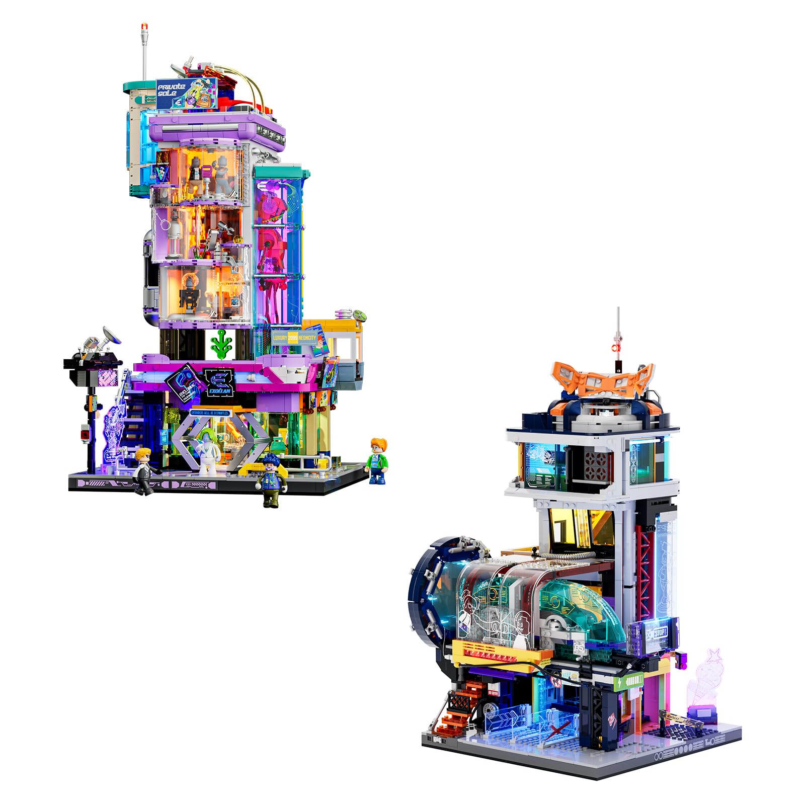 Lumibricks Cyberpunk Mega-Stadt-Bundle mit LED – Körpermoden-Shop (2701 Teile) & Schwebender Bahnhof (2760 Teile), 2 beleuchtete Modelle für Erwachsene