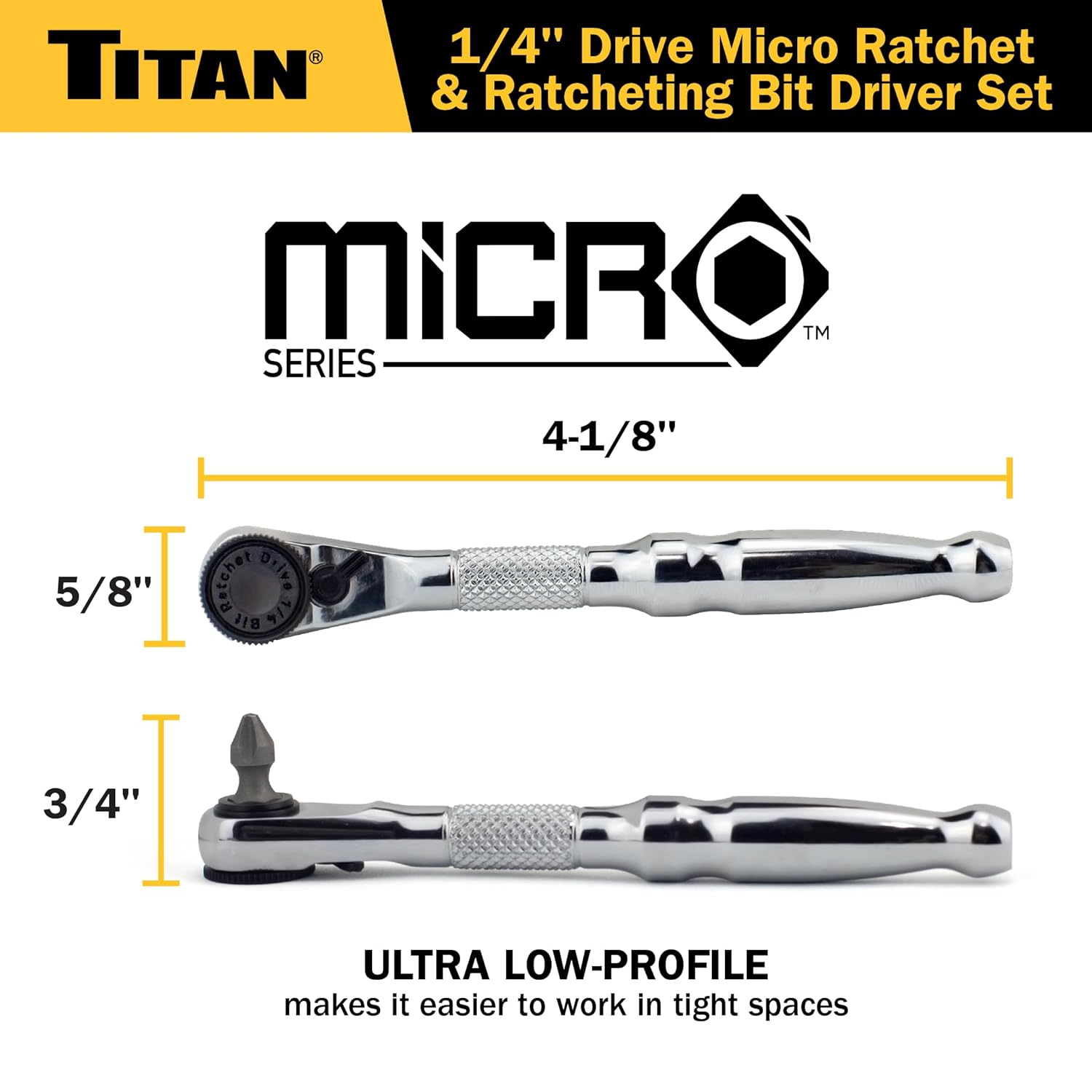 Titan 11333 1/4-Inch Drive x 4-1/8-Inch 60-Tooth Ultra Low-Profile Micro Ratcheting Bit Driver