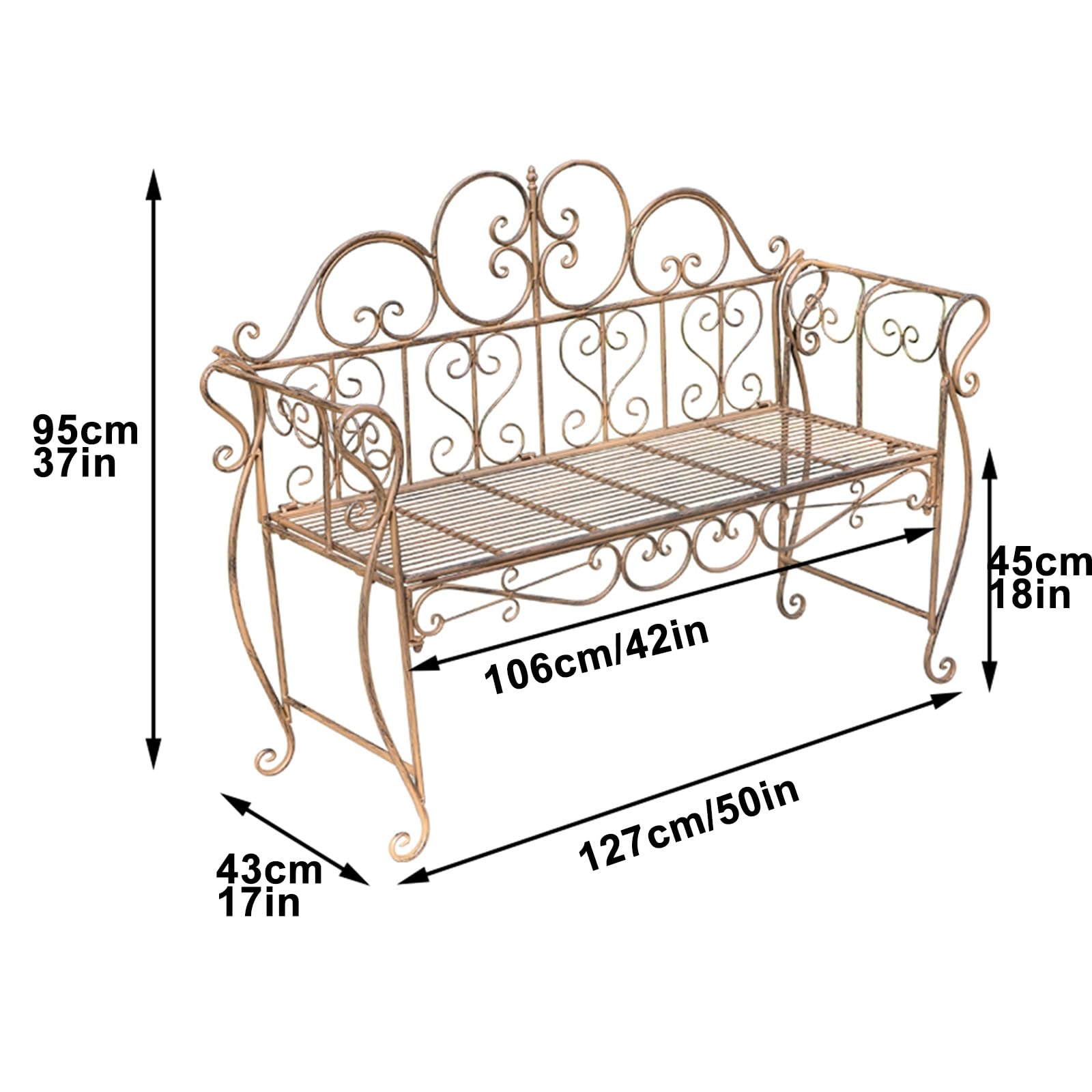 Panchina da Giardino in Ferro Battuto da 127 cm, Panchina da Esterno con Schienale e Braccioli per Cortile, Bordo Piscina, Prato(Brown)