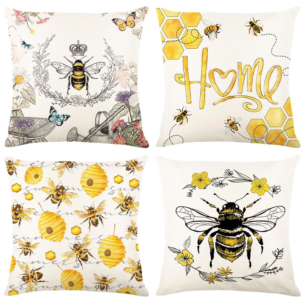 Housse de coussin imperméable 45x45 cm lot de 4 au motif abeille pour banc de jardin et canapé