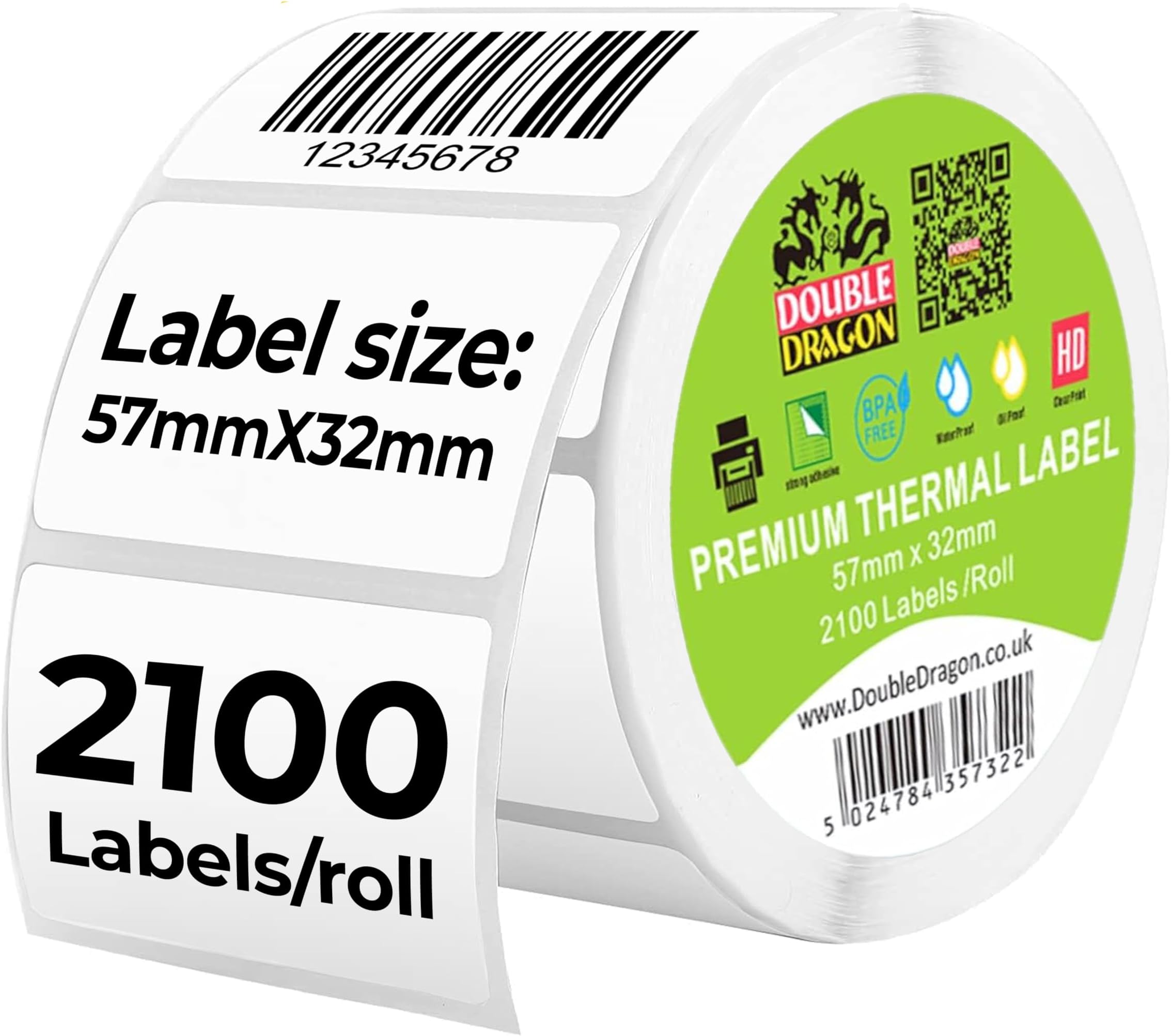 Double Dragon, 57 mm x 32 mm 2100 Thermal Labels on roll for Direct Thermal Printers, Zebra, MUNBYN, Rollo, TSC, Toshiba, Citizen, Eltron and More.