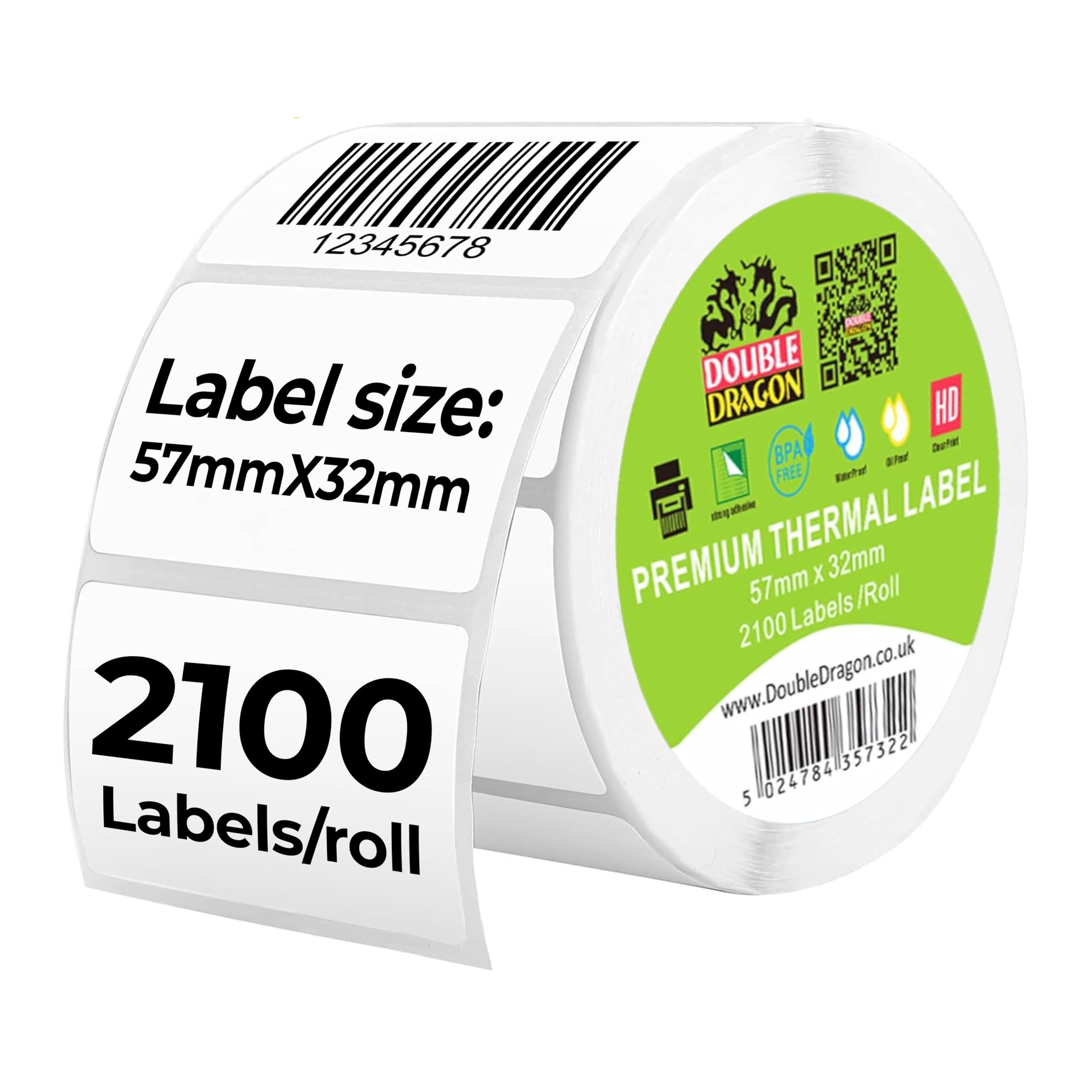 Double Dragon, 57 mm x 32 mm 2100 Thermal Labels on roll for Direct Thermal Printers, Zebra, MUNBYN, Rollo, TSC, Toshiba, Citizen, Eltron and More.