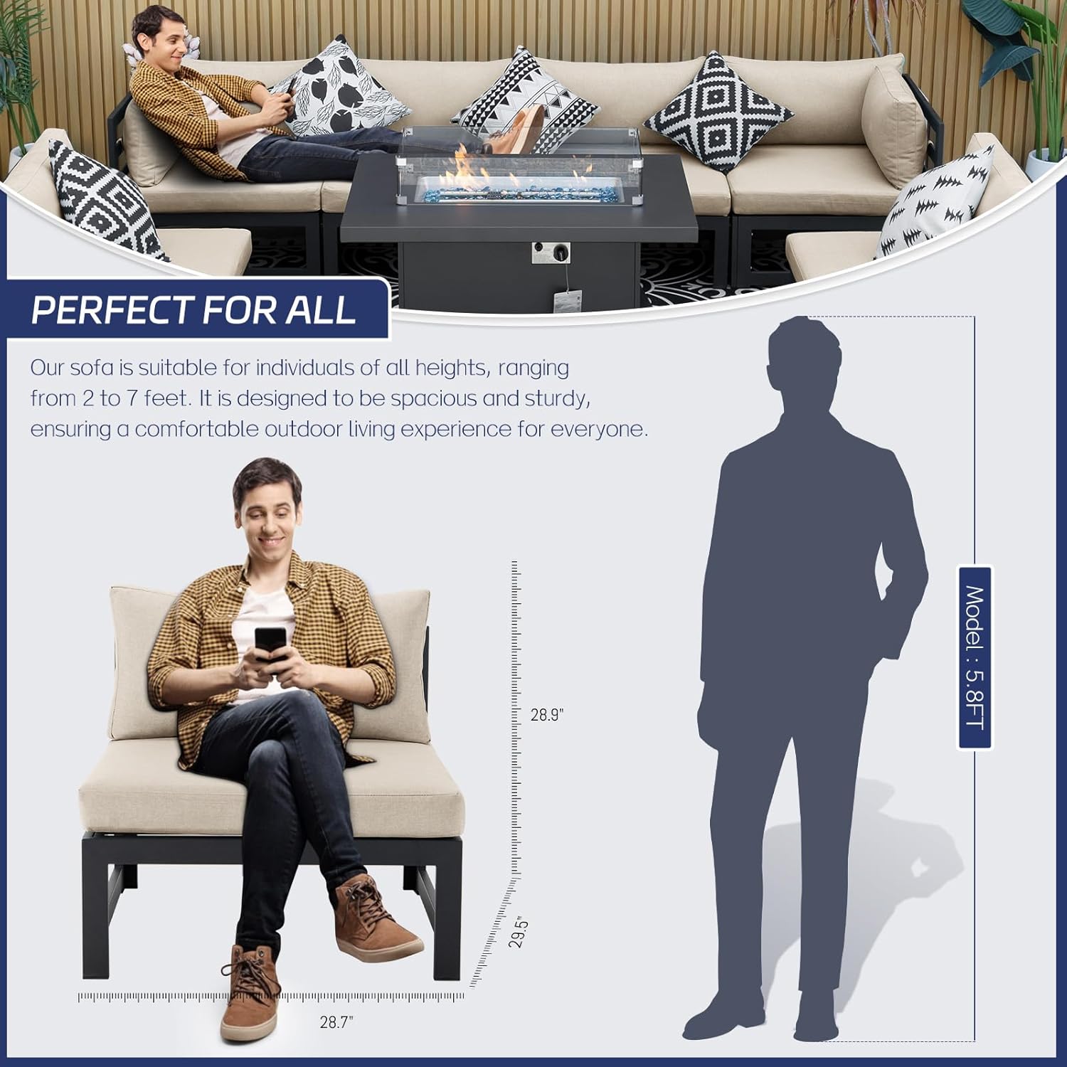 BULEXYARD 11 Piece Modern Aluminum Outdoor Patio Furniture Set with Lounger & Fire Pit Table, Extra Large All-Weather Modular Sectional Couch, 29" Wide Deep Seating Conversation Sofa for Garden, Beige