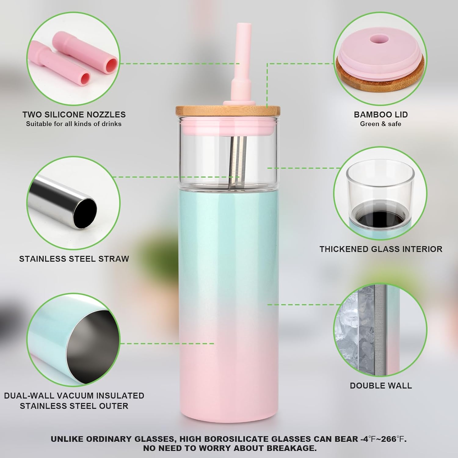 Tronco 20 oz Vacuum Insulated Glass Tumbler with Lid and Straw - Keeps Drinks Cold for 12 Hrs - Reusable Glass Cup for Iced Coffee, Smoothies & Boba - Sweat & BPA Free, Dishwasher Safe, Fit Car Holder - Image 6