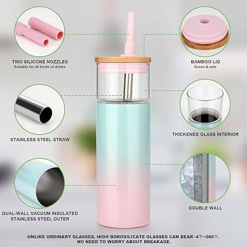 Miniatura 6 de Tronco Vaso de vidrio aislado al vacío de 20 onzas con tapa y pajilla, mantiene las bebidas frías durante 12 horas, vaso de vidrio reutilizable para