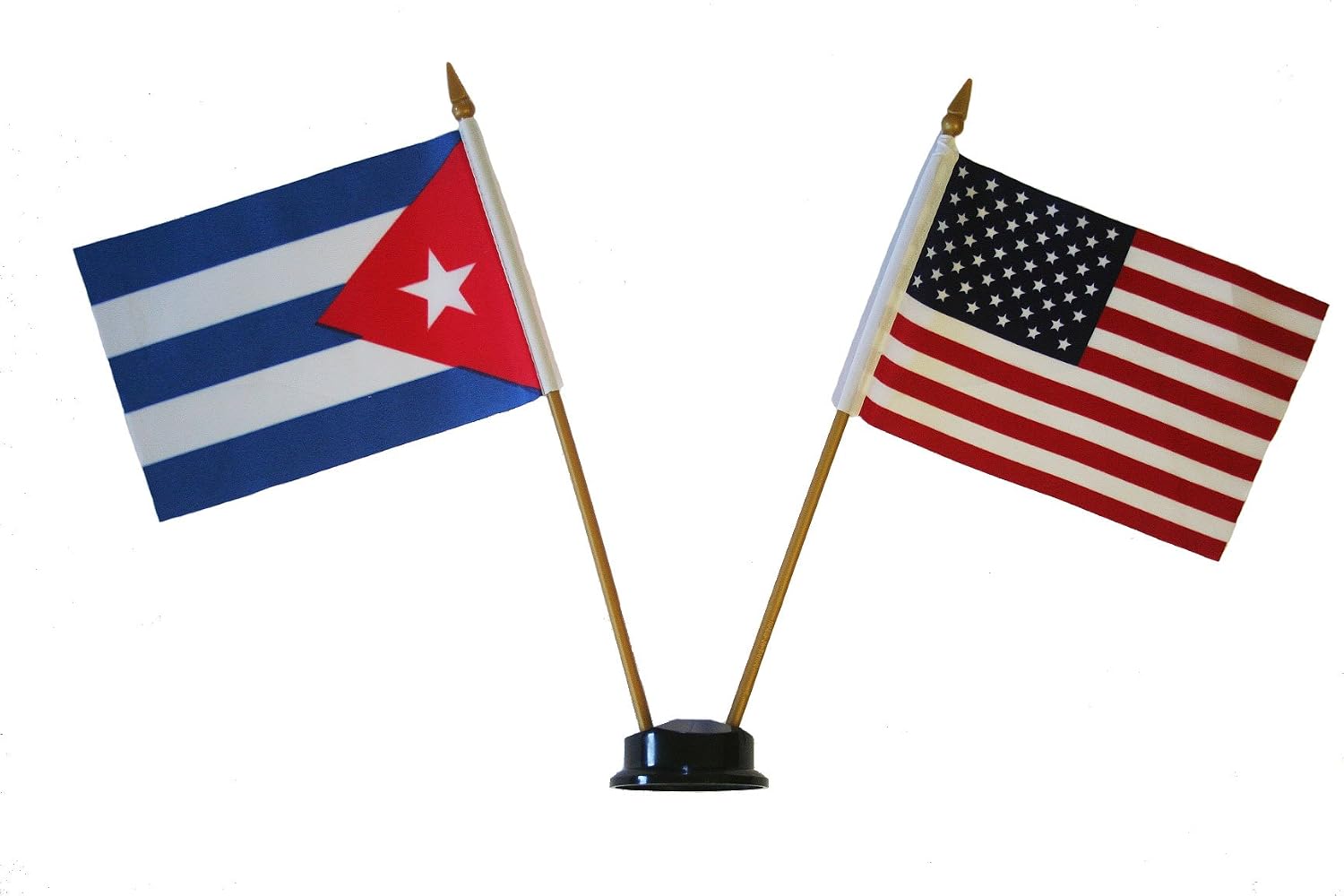 USA & CUBA Small 4 X 6 Inch Mini Double Country Stick Flag Banner with BLACK STAND on a 10 Inch Plastic Pole New