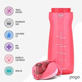 Pogo 64oz Plastic Water Bottle with Leak-Proof Chug Lid and Carry Handle, Reusable, BPA Free, Capacity Markings, Dishwasher Safe, Perfect for Travel, School, Outdoors, and Gym, Pink