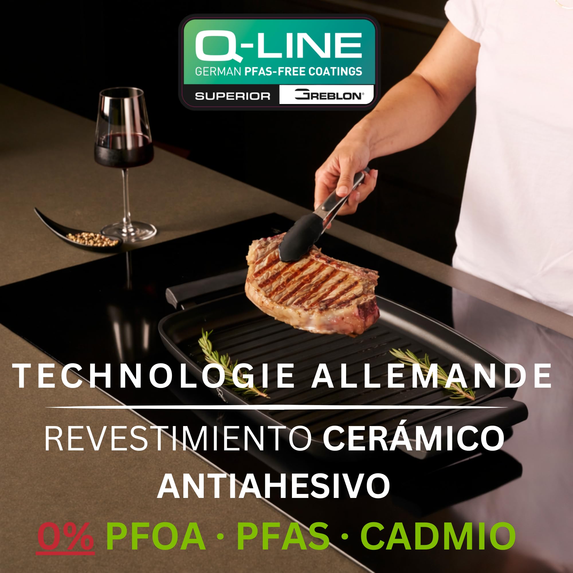 Stone&Stone Plancha Grill Inducción Rectangular 47 cm con Pinza, Plancha BBQ Antiadherente con Revestimiento Cerámico Alemán, Base de Acero Completo, Apta para Gas y Horno, Sin PFAS, PFOA ni PTFE