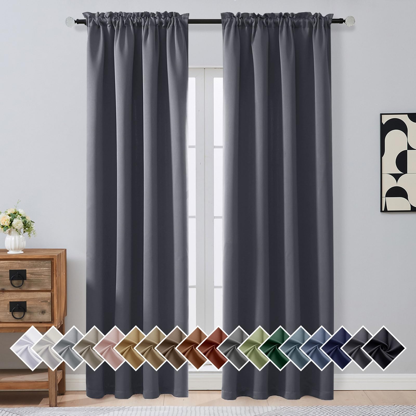 OVZME Charcoal Grey Blackout Curtains for Bedroom 90 Inches Long 2 Panels, Thermal Insulated Soft Fabric Solid Privacy Curtains for Living Room, Rod Pocket Modern Window Treatments, 2x40Wx90L Inches
