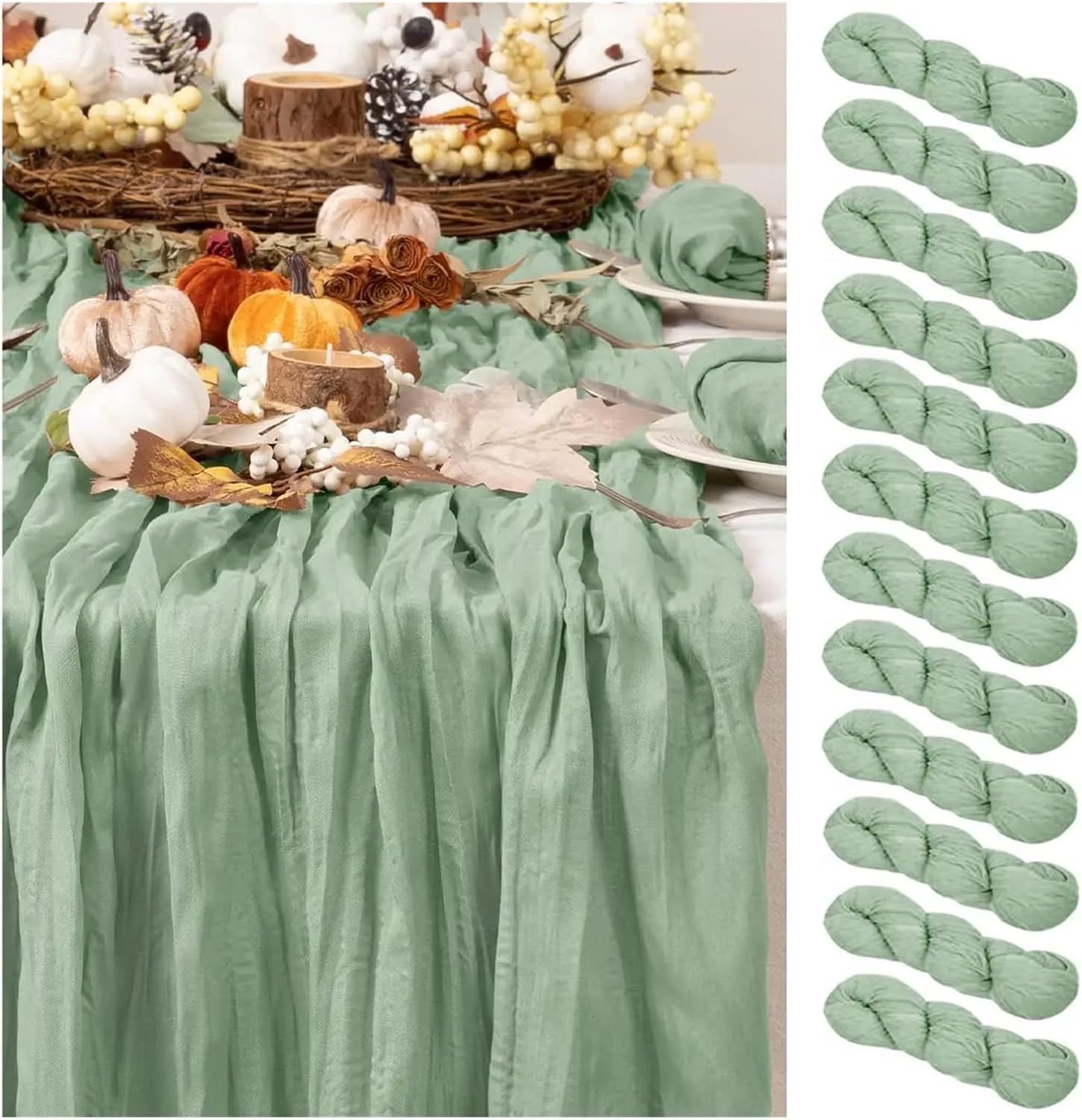12 90x180/300cm Semi-Sheer Gauze Table Runner Sage green Dining Wedding Party Christmas Banquets Arches Decor(Orange pink,12PCS 50x50 napkins)