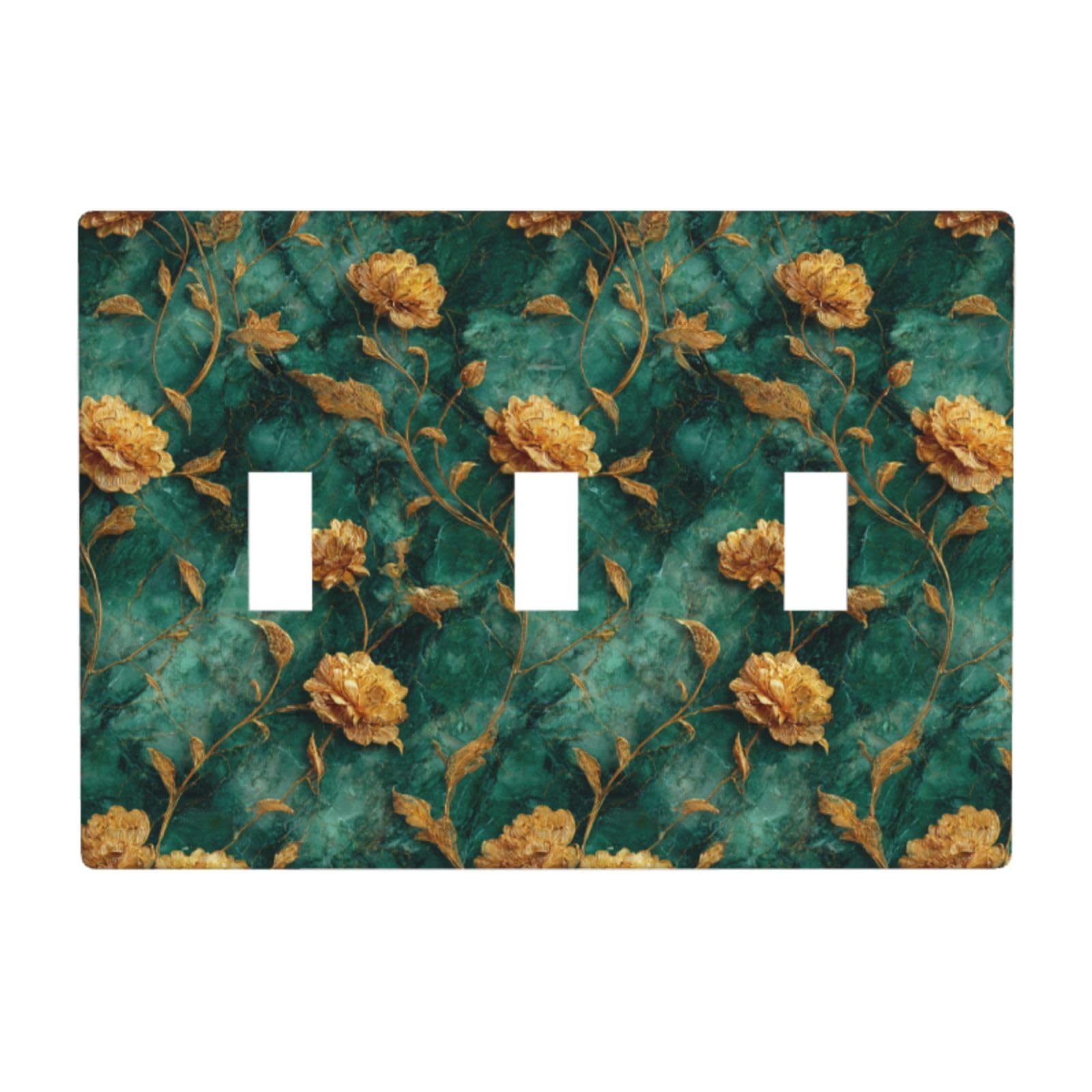 Gold Flowers On Emerald Marble Light Switch Covers 3 Gang Triple Toggle Wall Plate Switchplate Electrical Faceplate for Bathroom Kitchen Bedroom Decor