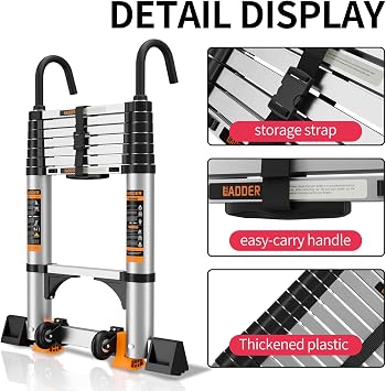 Telescopic Ladder,4.1M Aluminium Loft Ladder,ladders extendable | Thickened High-Strength extendable ladder with Stabilizer Bar and Hooks,Folding ladder,Step ladders for Roof Attic Caravans
