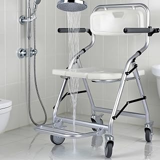 Silla de Ducha con Ruedas Plegable, Silla de Ducha Plegable para Personas Mayores Impermeable, Blanco Silla de Baño y Ducha Discapacitados con Reposabrazos y Respaldo, Carga 120kg