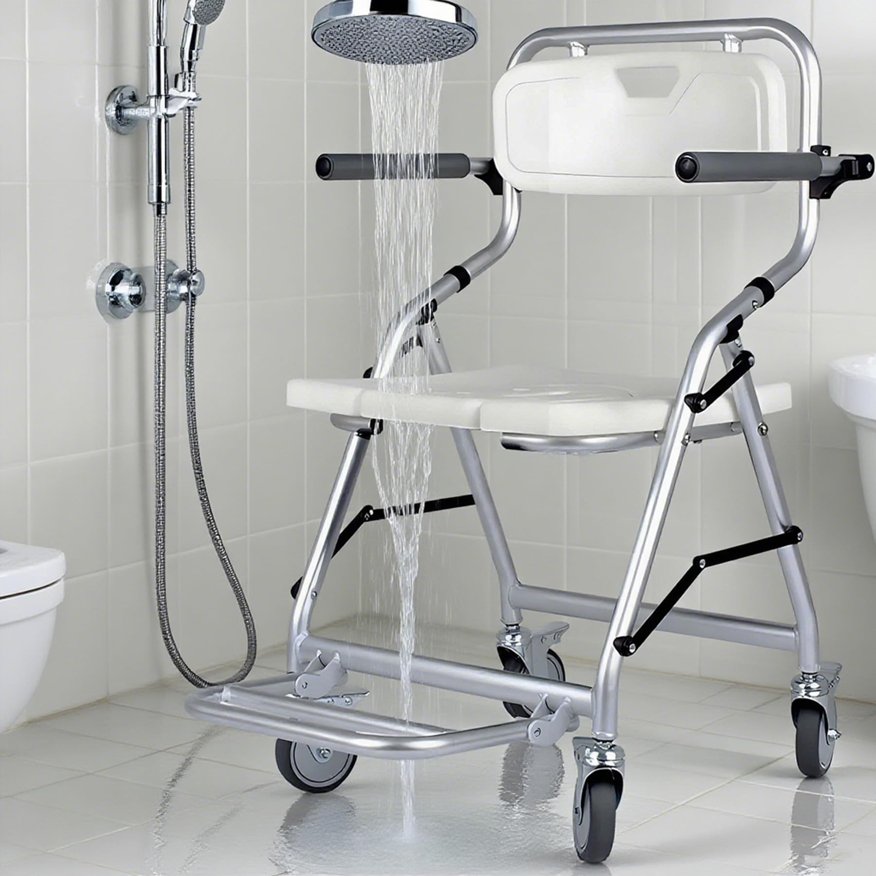 Duschstuhl mit Rollen Klappbar, Duschhocker mit Armlehnen und Fußstützen | Wasserdichtes Duschsitz für Patienten Senioren Behinderte Schwangere, Bremsbar, Belastung: 120kg