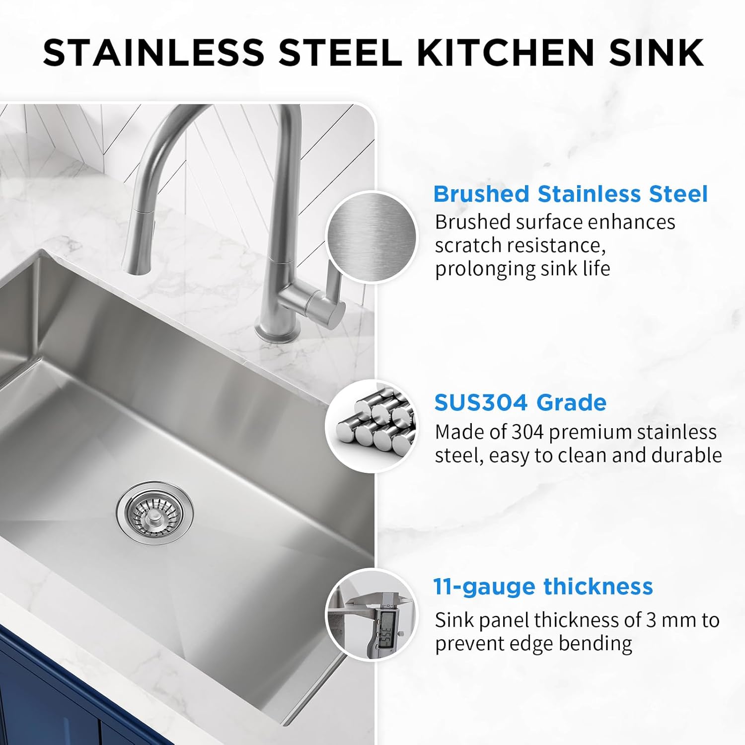 30 Inch Undermount Kitchen Sink with Quiet Drain, Bottom Grid - 11 Gauge Stainless Steel Single Bowl
