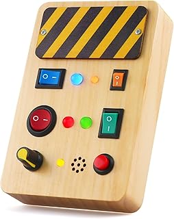 Ouriky Busy Board Montessori Toys for 1 2 3 Year Old Toddler Toys, Wooden Travel Toys with Light Up LED Buttons, Sound Sensory Toys for Toddlers 1-3, Educational Learning Fidget Toys Toddler Gifts