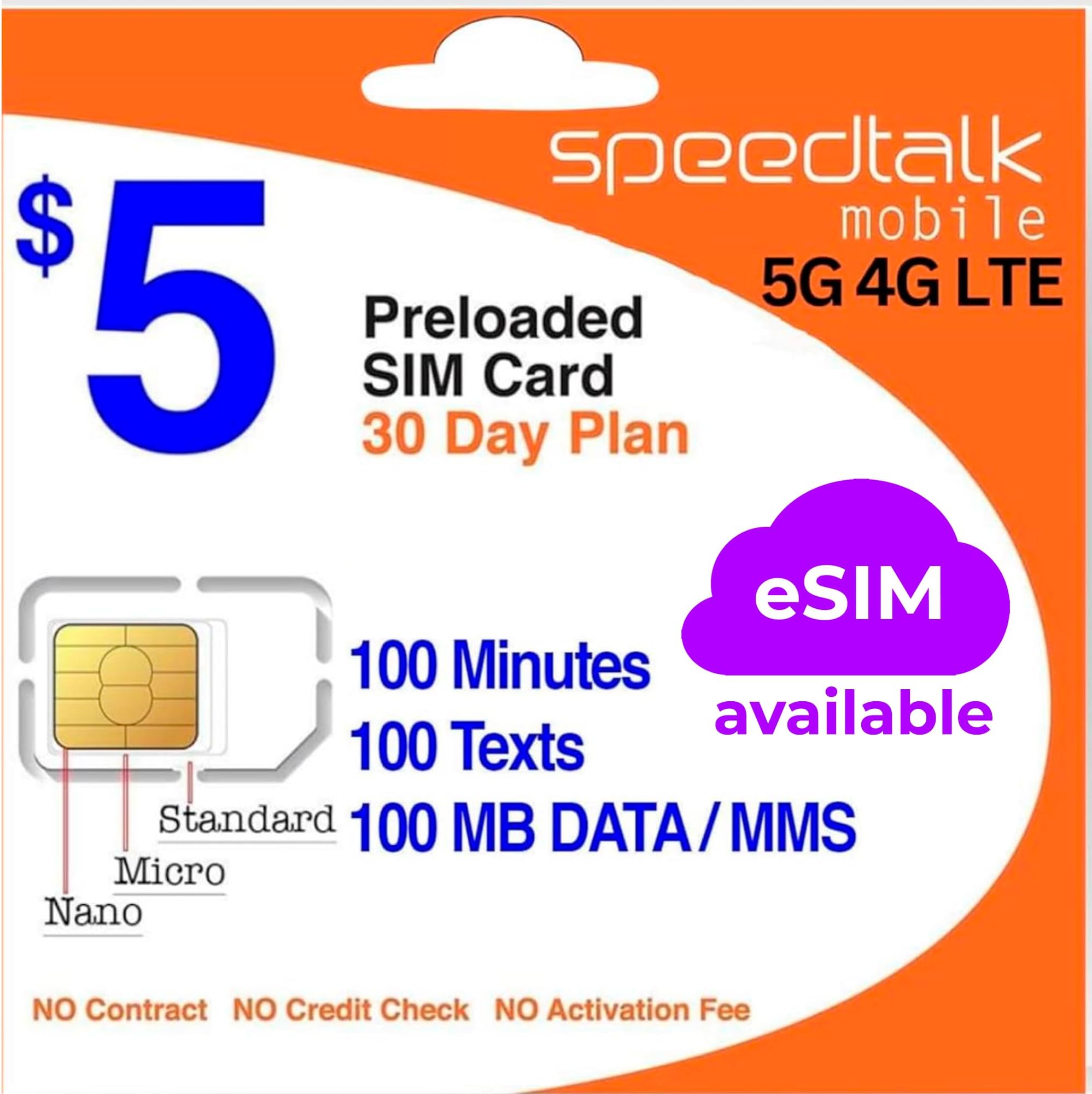 $5 Prepaid Wireless Pay Go Plan for Smartphones & Cellphones | 5G 4G LTE | 100 Talk, 100 Text, 100 MB Data |Triple Cut (Mini,Micro,Nano) Sim Card | No Contract | 30-Day Service