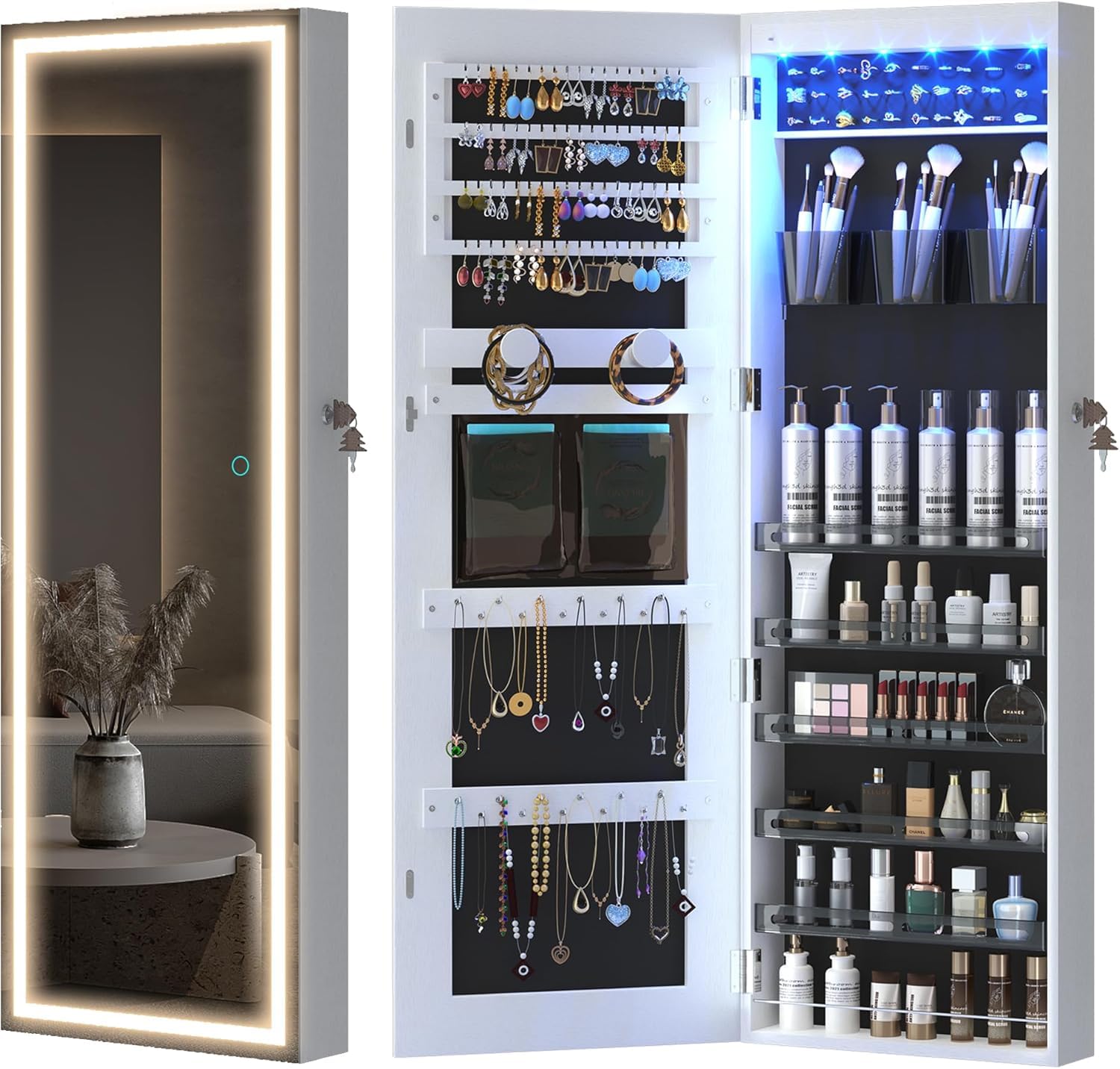 LVSOMT LED Mirror Jewelry Cabinet, Wall/Door Mount Jewelry Armoire Organizer with Lights, Full Length Mirror with Jewelry Storage, Over the Door Hanging Jewelry Cabinet (White)