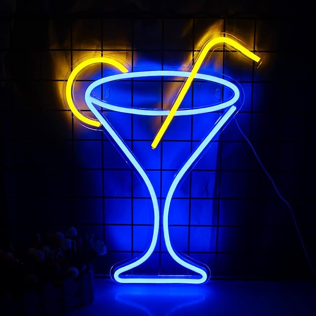 Cocktail Neon Signs for Wall Decor Cocktail Glass Neon Light Blue LED Neon Sign with USB Powered for Bar, Club, Restaurant, Shop, Home Decoration