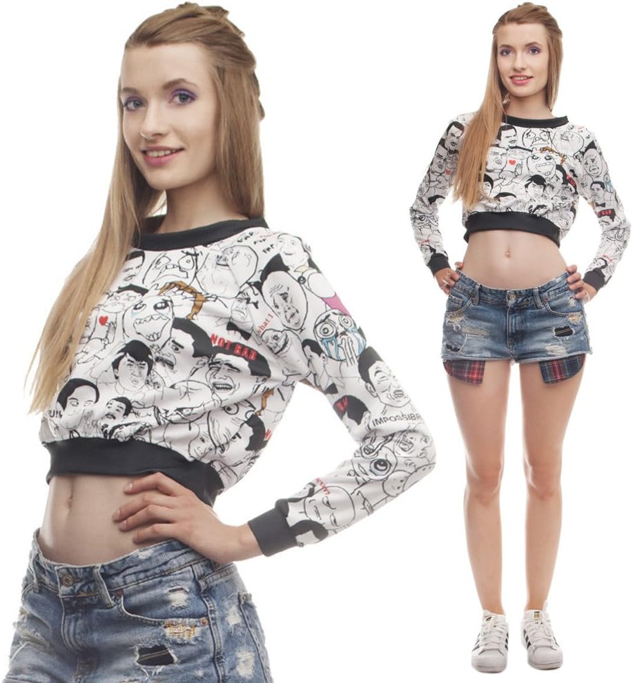 Women Emoticons Pullover 9GAG Emoji Printed Long Sleeve Crop Top