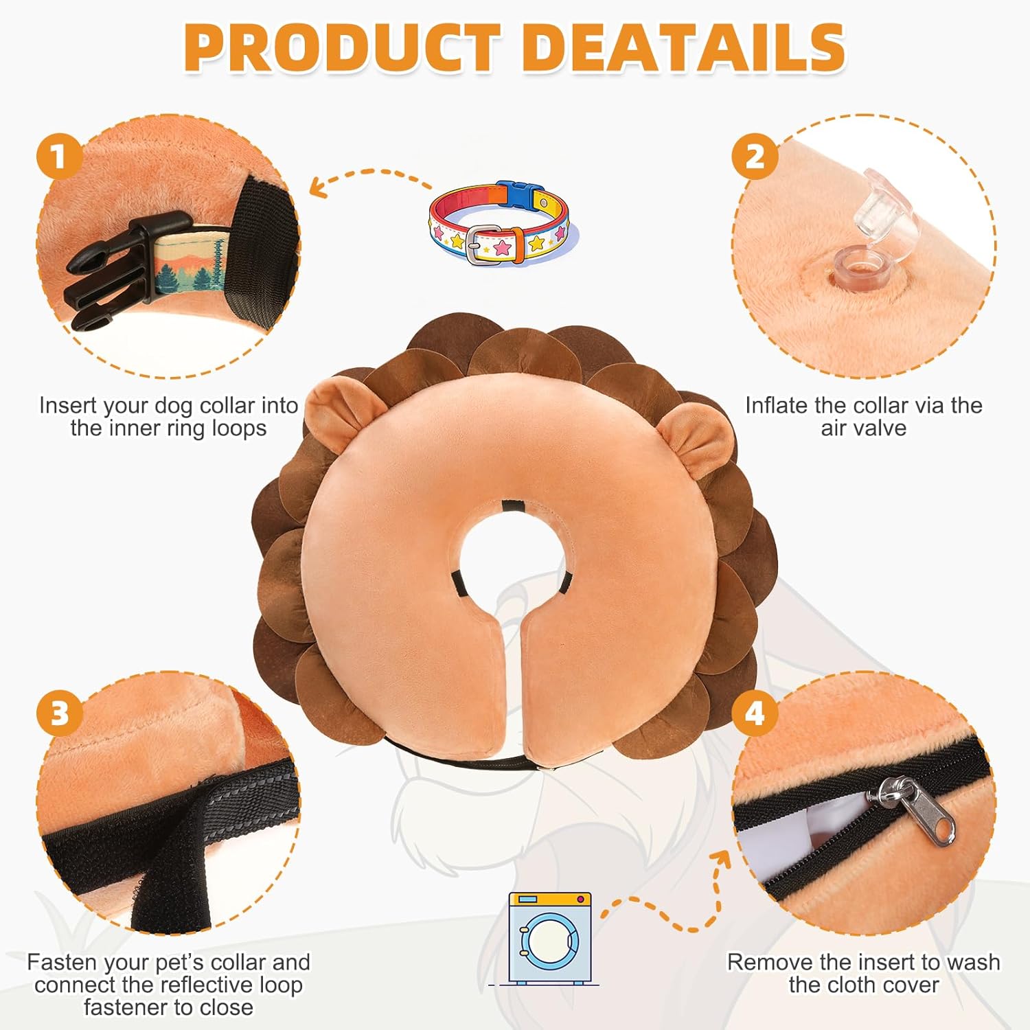 KOOLTAIL Inflatable Dog Cone Collar, Soft Donut E Collar for Dogs After Surgery to Stop Licking Enhanced Alternative, Blow Up Pet Neck Pillow Recovery Adjustable Cone for Dog Cat, Upgrade Size, Lion L