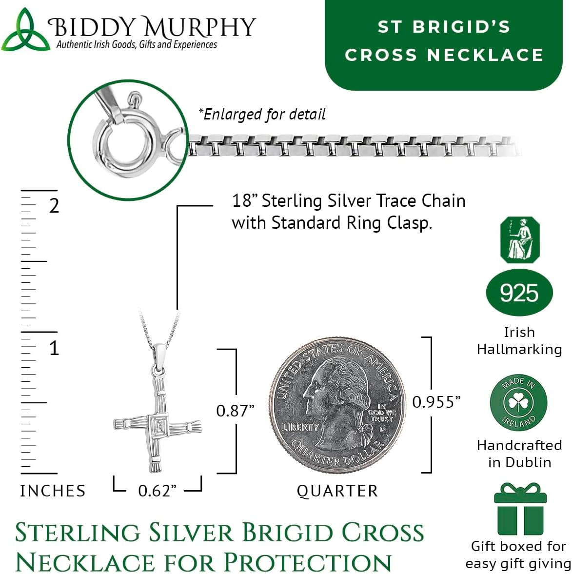 Biddy Murphy Irish 925 Sterling Silver Saint Brigid Cross Necklace, Traditional Celtic Heritage Jewelry, 7/8" x 5/8" Inch Pendant, 18" Chain, Imported from Ireland - Image 3