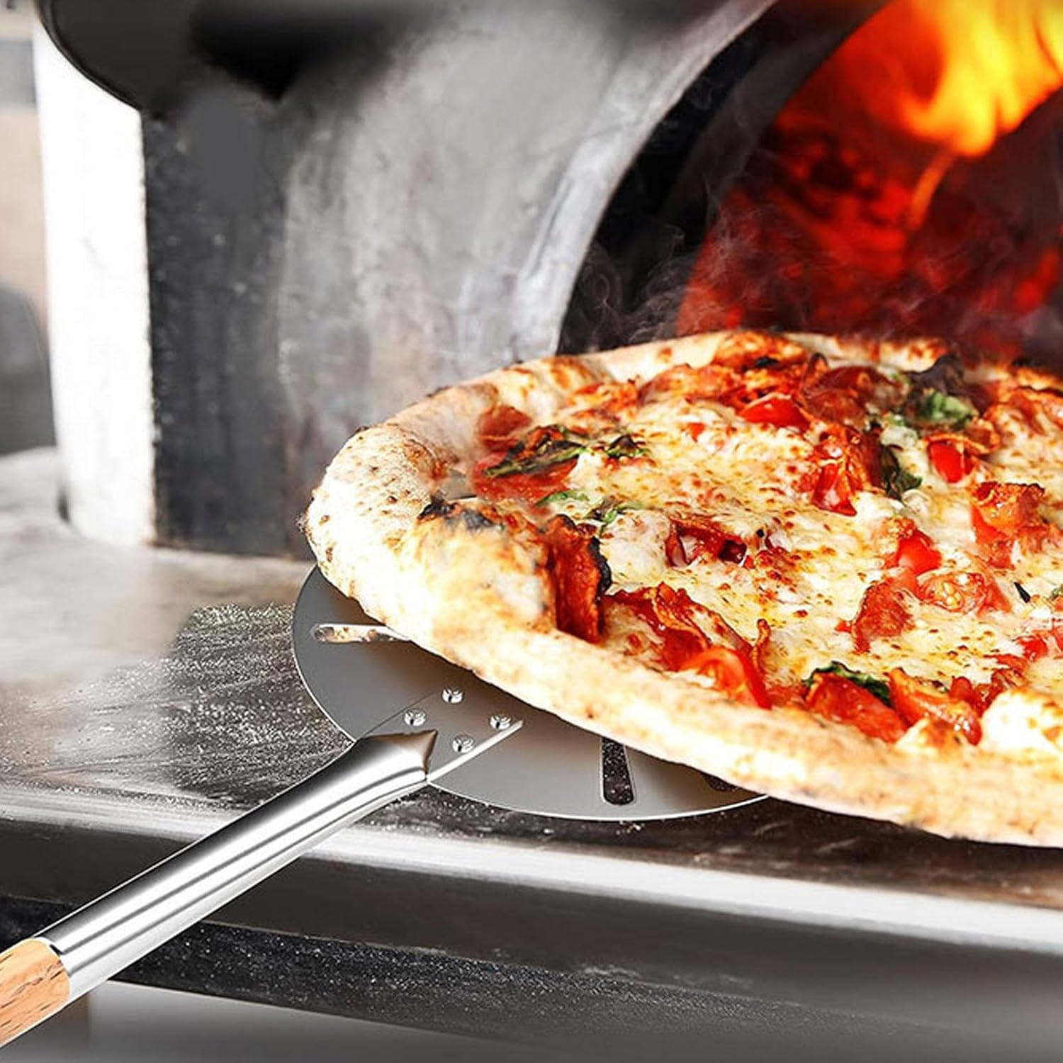 Pizza Turning Peel,Pizza Turner Spatula 9.1 Stainless Steel Perforated Peel with Adjustable 31-47 Inch Handle for Outdoor Oven Baking