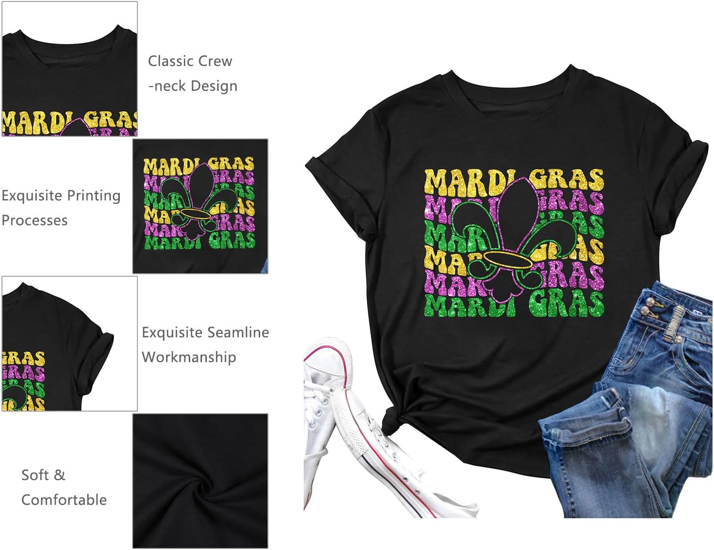 Mardi Gras T Shirts Women: Glitter Mask Graphic Tee Fat Tuesday Tshirts Carnival New Orleans Party Tops - Image 5