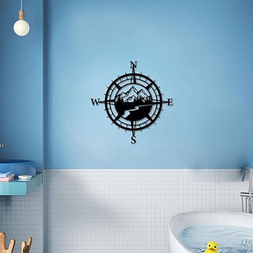 Miniatura 3 de Resama Decoración de pared de brújula náutica de montaña de metal negro, decoración de bosque para interiores o exteriores, arte perfecto para