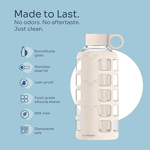 Miniatura 4 de purifyou Botella de agua de vidrio de borosilicato de 40 onzas, 32 onzas, 22 onzas, 12 onzas, con marcadores de tiempo y volumen, funda de silicona,