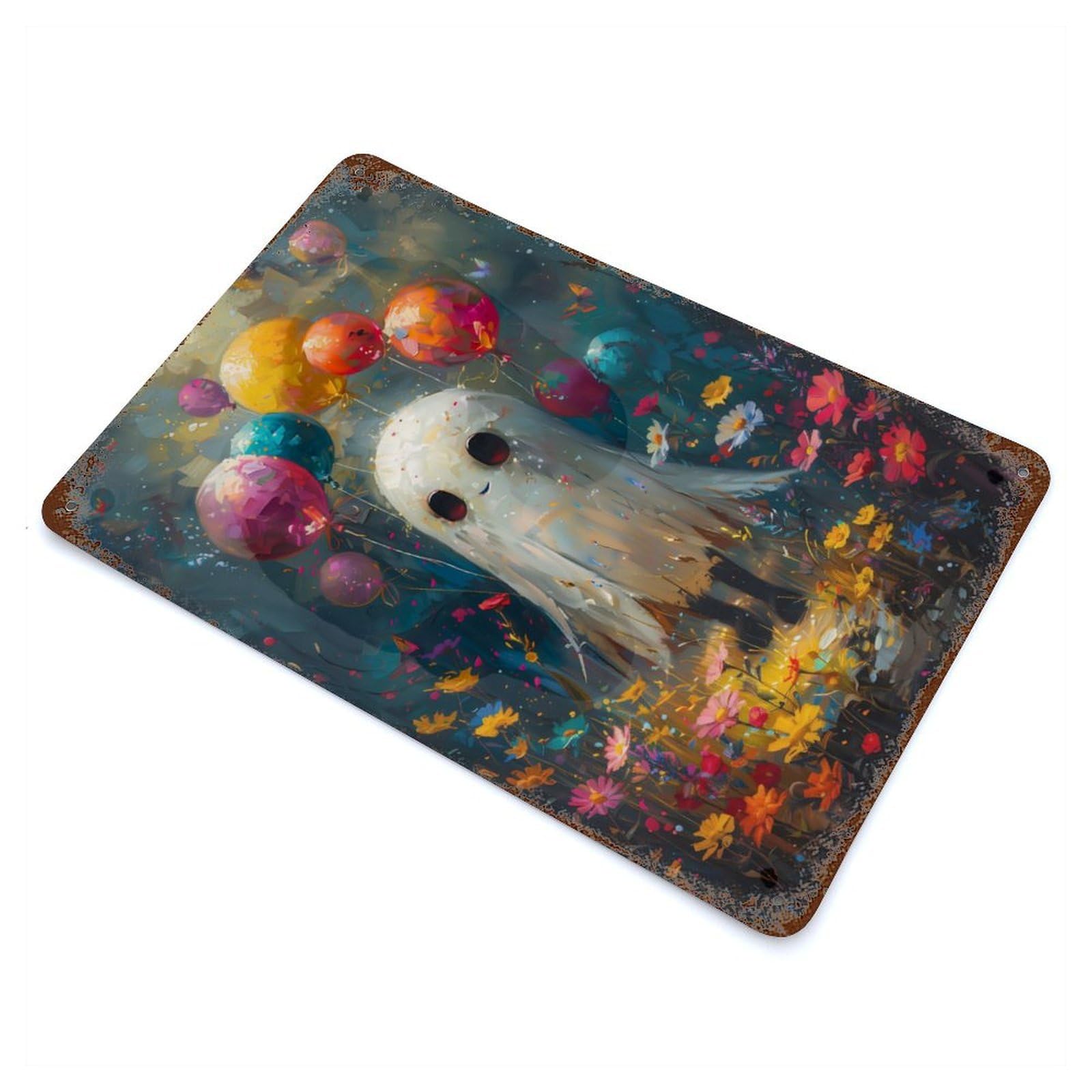 Cute Ghost with Balloons Rust Effect Tin Sign 11.8"x7.9", Ideal for Farmhouse, Kitchen And Entryway Decor