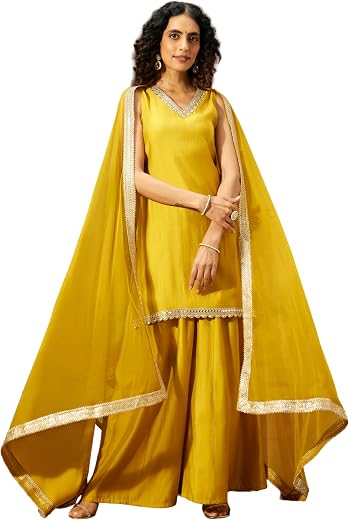 Janasya Women's Chanderi Silk Embellished Straight Kurta with Sharara &amp; Dupatta Set
