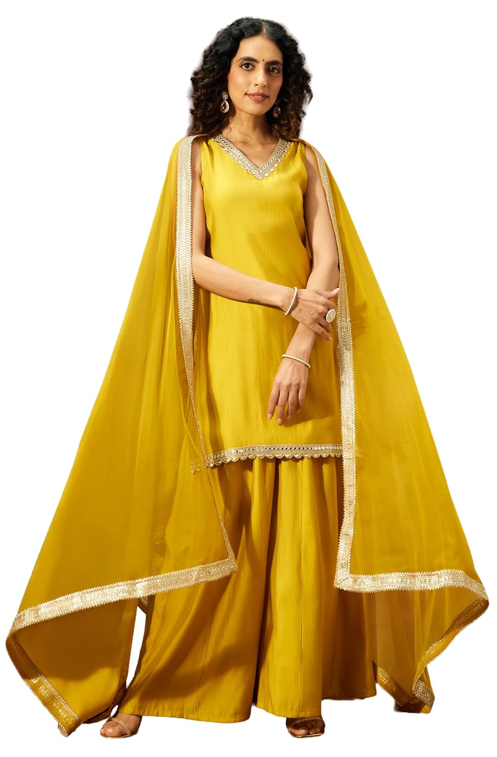 Janasya Women's Chanderi Silk Embellished Straight Kurta with Sharara & Dupatta Set