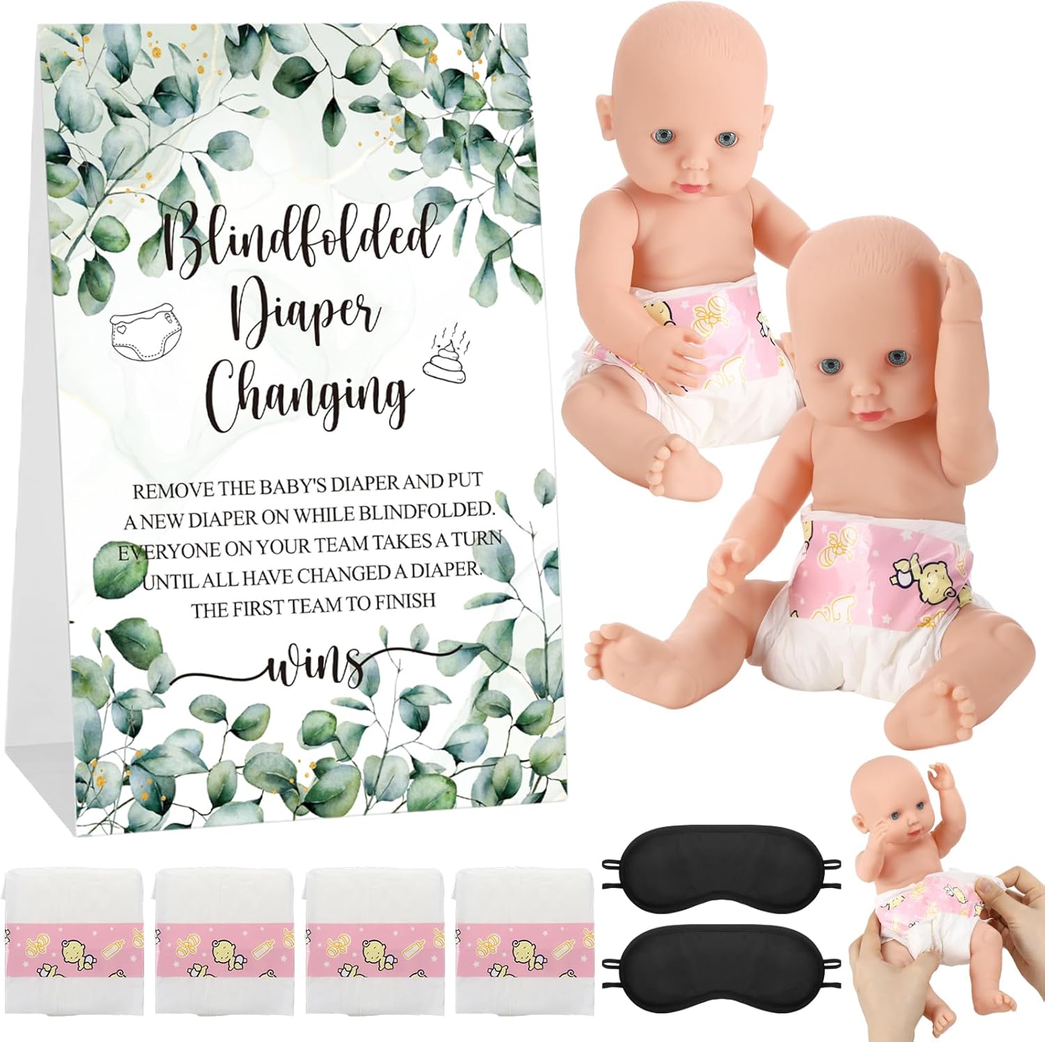 9 Pcs Baby Shower Diaper Changing Game Supplies Including Baby Dolls Blindfold Diapers Wooden Sign Changing Race Game Party Favor(Leaves,Green)