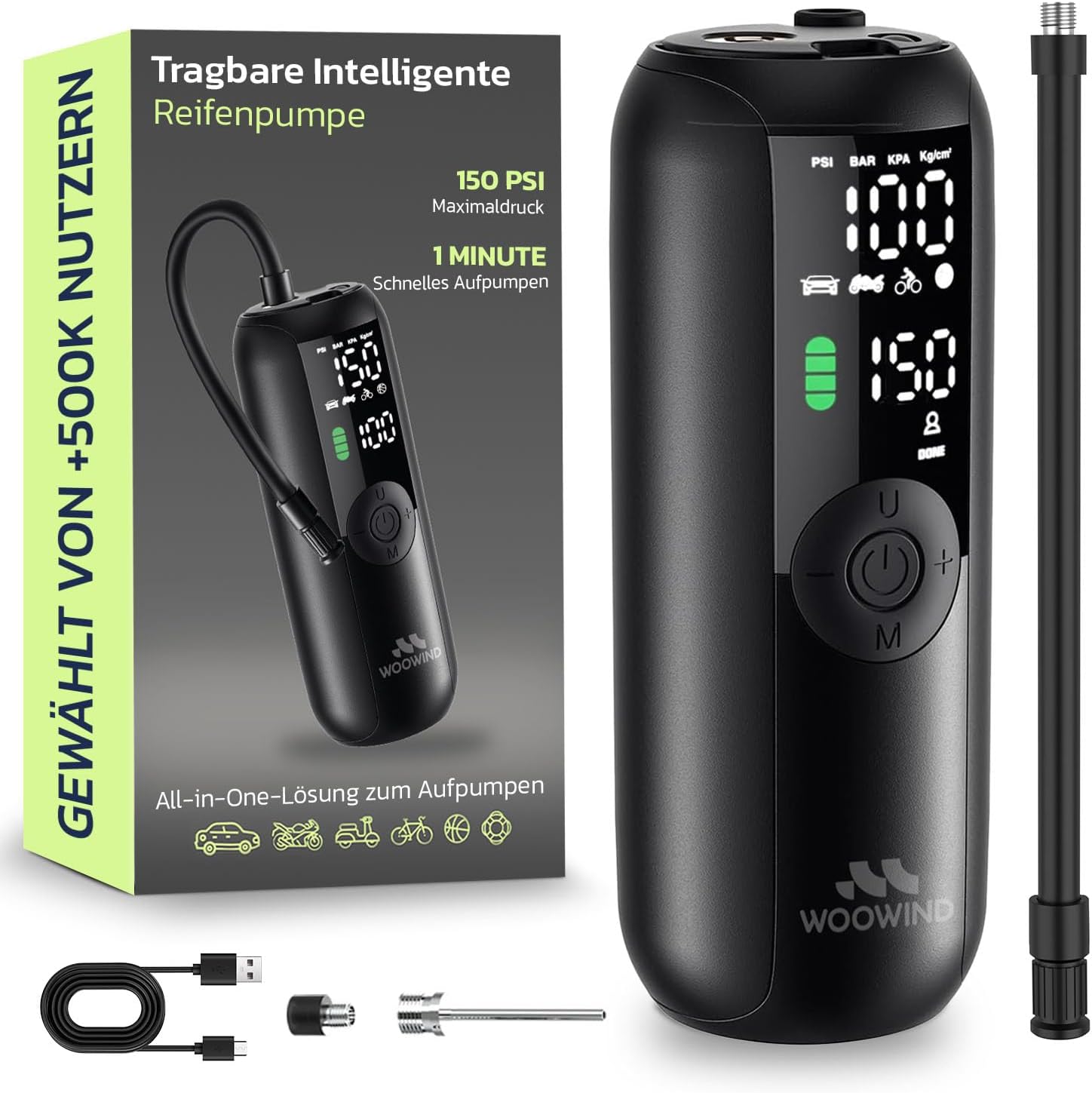 (-40%) Woowind LP1 Luftpumpe Fahrrad, Fahrradpumpe Elektrisch, 1-Minuten-Aufpumpen, 150PSI/10,3Bar Akku Kompressor, Elektrische Luftpumpe, Automatischer Abschaltung, LCD-Display, LED-Licht
