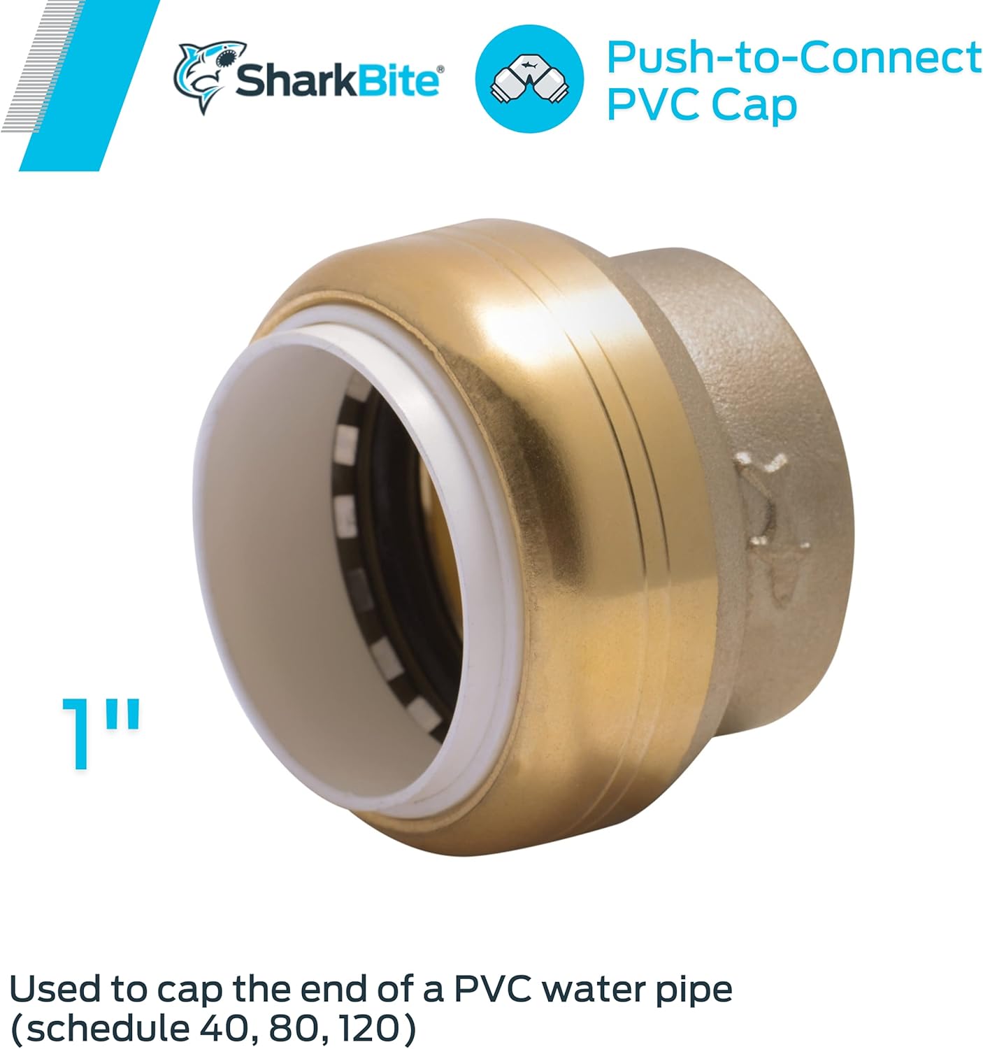 SharkBite 1 Inch PVC Cap, Push to Connect Brass Plumbing Fitting, PVC Pipe, UIP520A