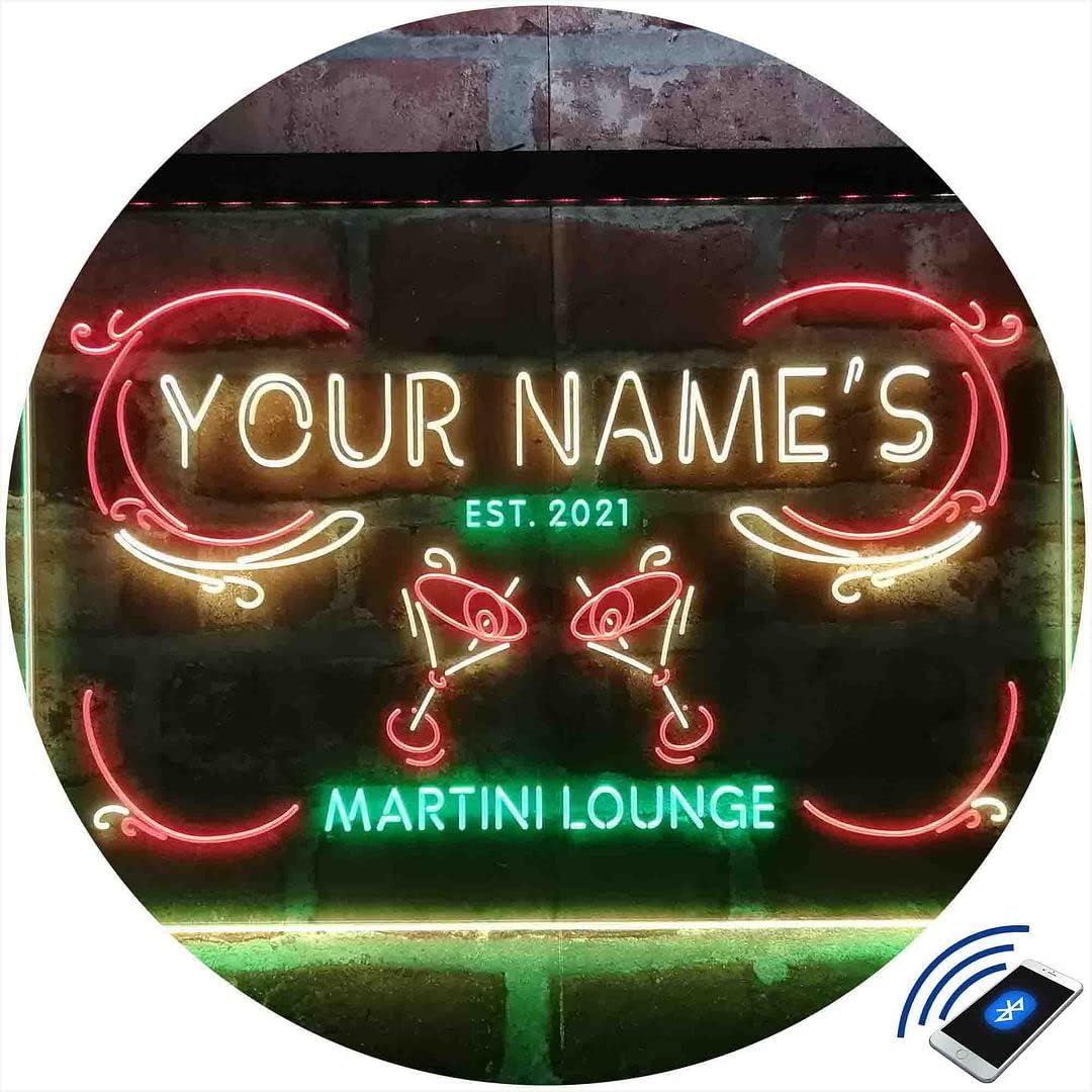 Personalized Martini Lounge Tri-Color LED Neon Light Sign Customize Name Date Text Quote Font Green & Red & Yellow 17.7 x 13.6 Inches st9s43-ti1-tm-gry