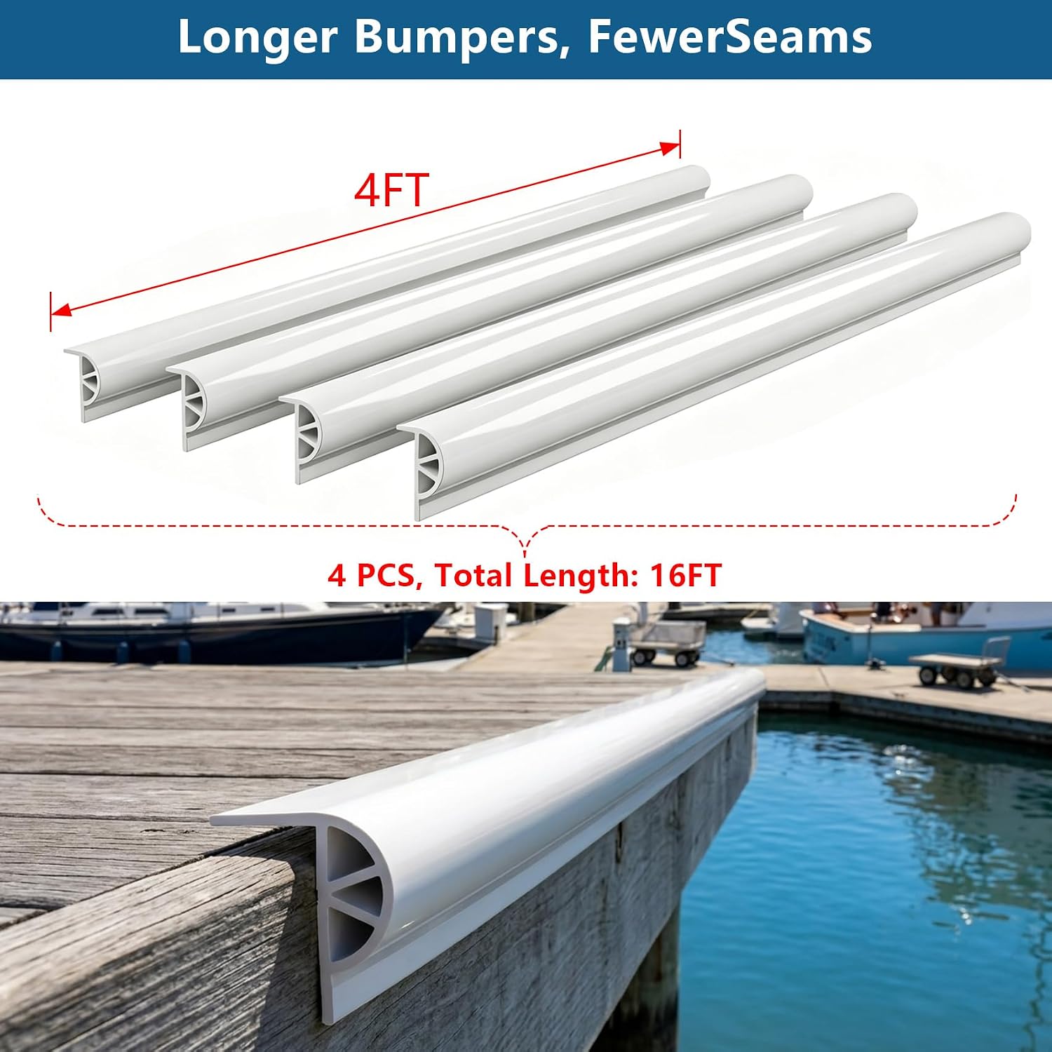 Dock Bumpers, 12 Feet /16 Feet /24 Feet Full Protection Boat Dock Bumpers for Edging, Dock Fender for Straight Edge and Side, Includes Mounting Screws, Black Gray White