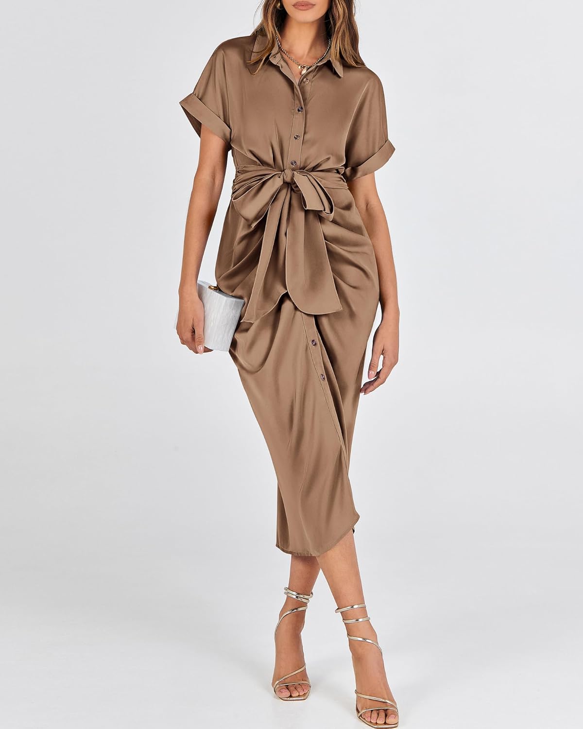 BTFBM Shirt Dresses for Women Spring Button Short Sleeve Silk Satin Ruched Maxi Summer Dress 2026 Cocktail Party Wedding - Image 4