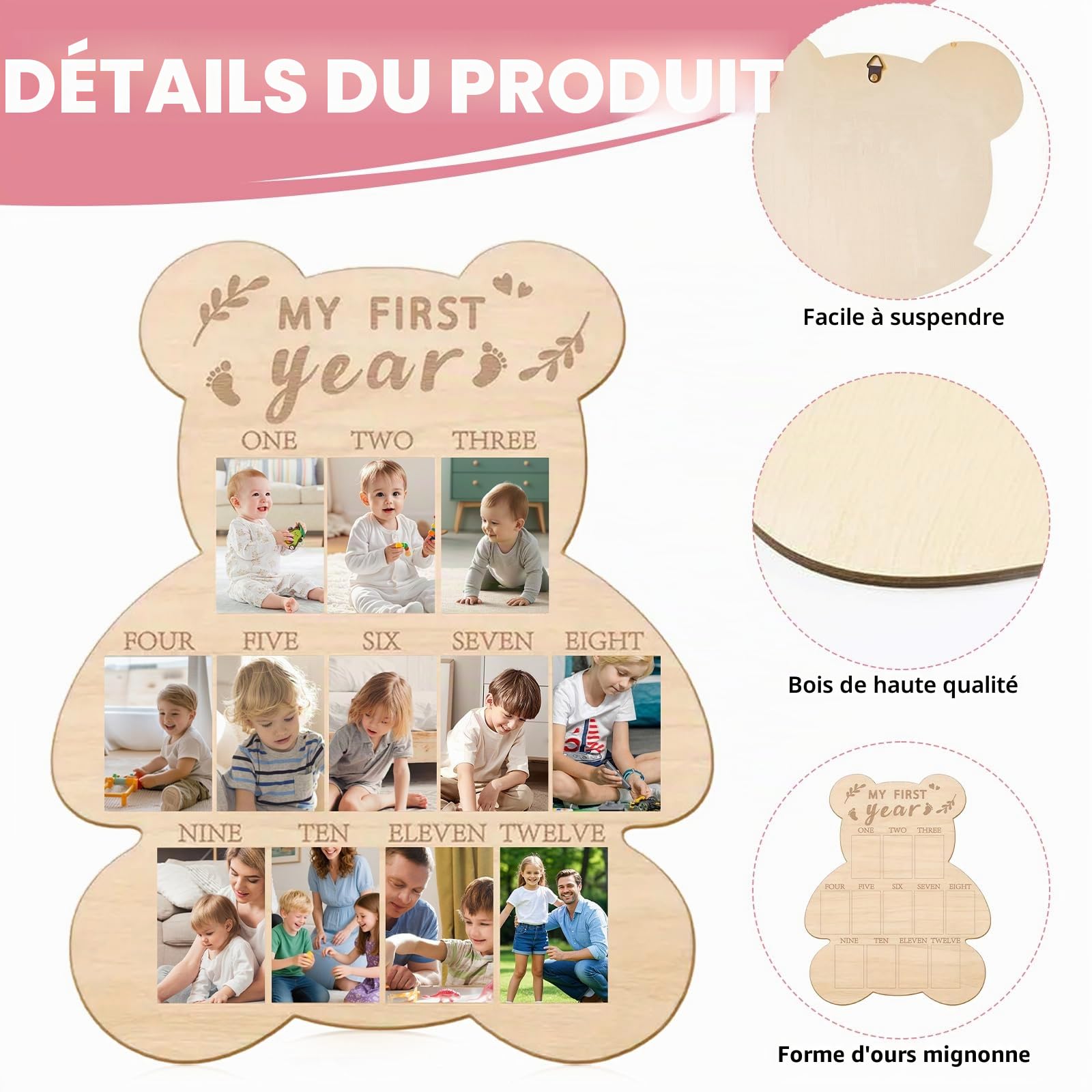Cadre photo Ma Première Année - Adorable cadre photo de bébé en forme d'ours - Planche en bois personnalisée avec 12 mois de photos de bébé - Pour la décoration de chambre de bébé garçon et fille