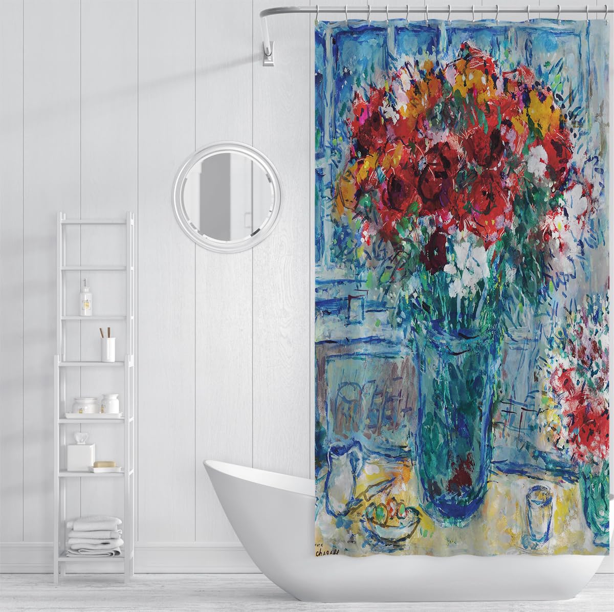 Romantischer Retro-Duschvorhang Surrealistische Kunst Badezimmervorhang Roter Rosenblumenstrauß Blaue Glasvase Malerei Stoff-Badevorhänge 200 x 220 cm