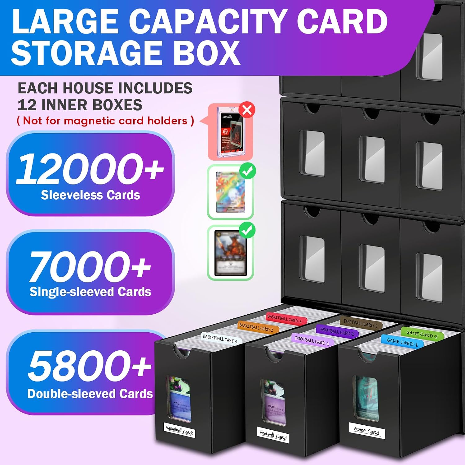 Trading Card Storage Box for Commander Display, 12000+ Bulk Card Storage, Card Deck Box Cardboard with 48 Dividers, Trading Card Collection Box Fit for MTG, TCG, PTCG, Sport Cards and Baseball Cards