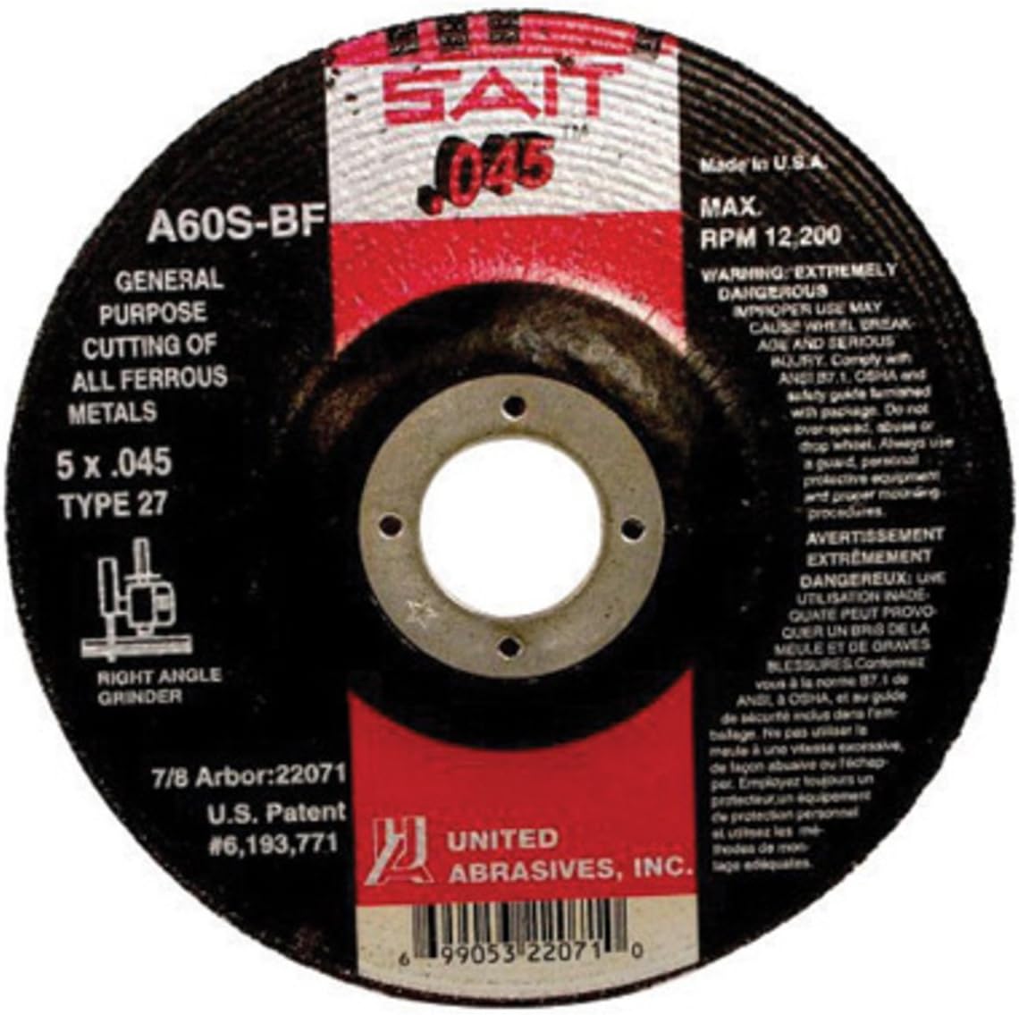 Sait 22071 5" x .045" x 7/8" Type 27 A60S Metal Cut-Off Wheels, 10 Pack
