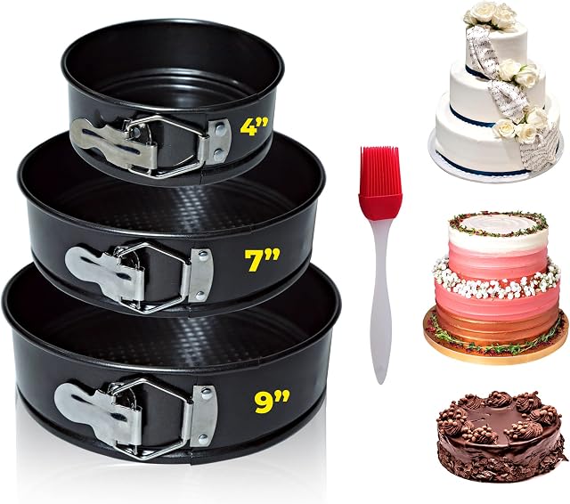 PAPA'S MALL 4Pcs Non-Stick Cake Tin (4,7,9 Inches) Springform Cake Tins for Baking with 1PC Oil Brush, Quick-Release Latch Cheesecake Tin, Cake Pans for Layer Cakes, High Temperature Resistant