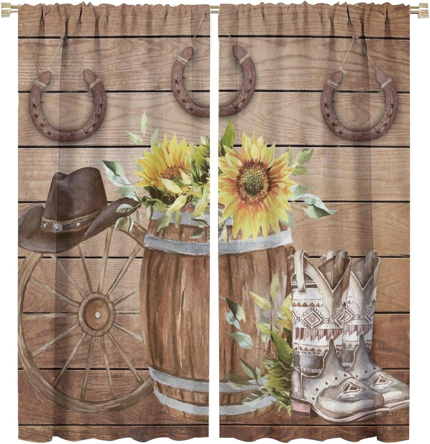 Brebasf Rustic Animal Horseshoe Curtains for Living Room Retro Western Wooden Cowboy Boots Wheel Sunflowers Thermal Insulated Rod Pocket Blackout Curtains/Drapes 2 Panels 72" L x 31.5" W