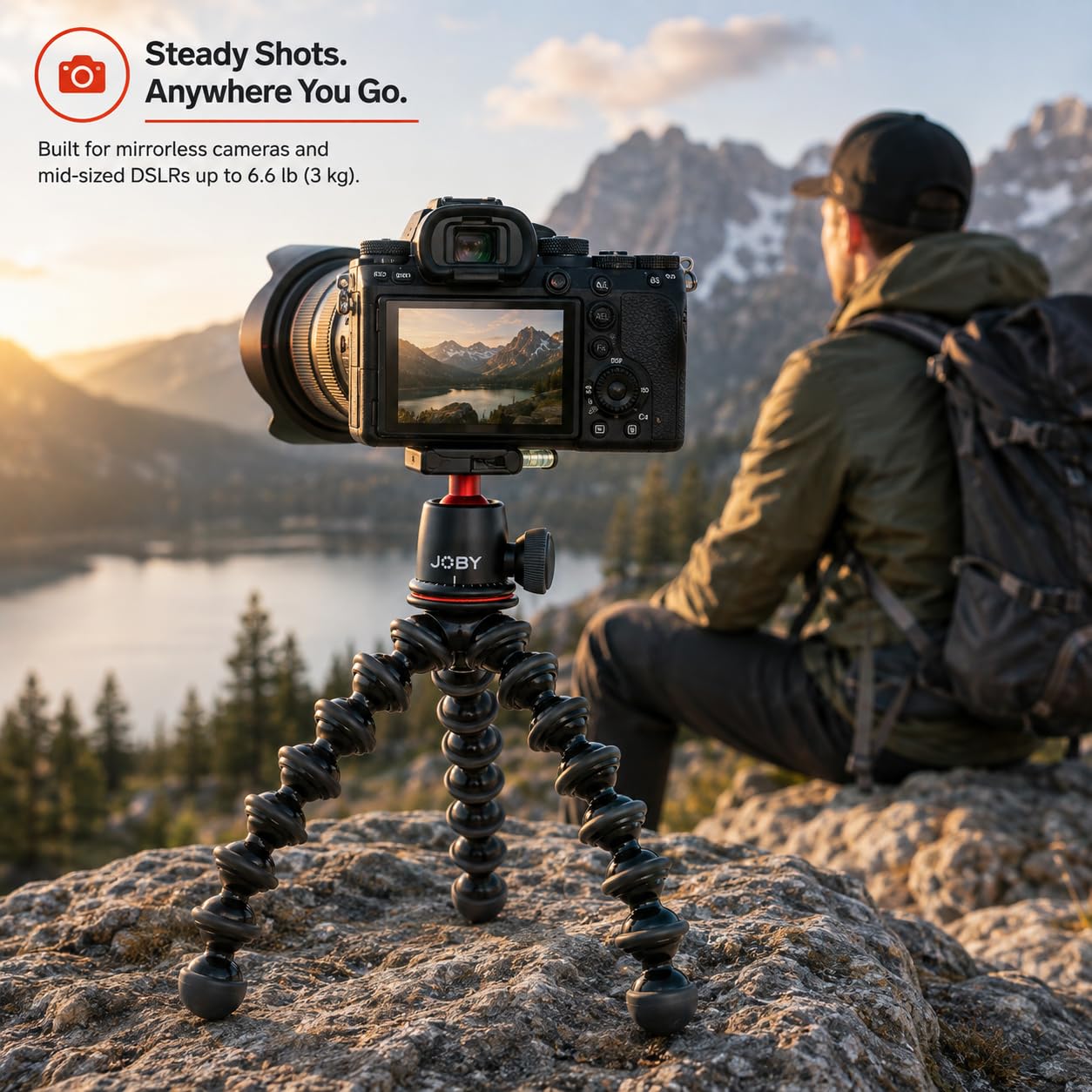 JOBY GorillaPod 3K Ultra Kit - Flexibles Stativ mit Kugelkopf für spiegellose & DSLR-Kameras, hält bis zu 6.6 lbs / 3 kg, 360-Grad-Schwenk- und 90-Grad-Neigung, Schnellwechselplatte, Wasserwaage
