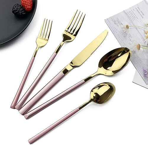 Miniatura 9 de JASHII Juego de cubiertos de 20 piezas cubiertos de acero inoxidable 1810 servicio de utensilios para 4, regalo resistente, cuchillo de cena pulido