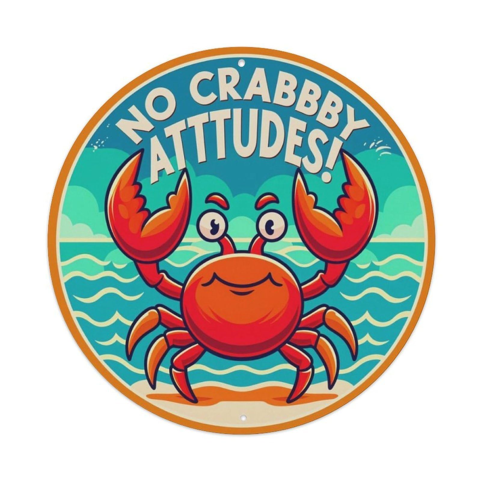 Coastal Funny Cartoon Crab Round Decor Sign Vintage Aluminium Metal Sign, Retro Wall Decor for Home, Bar, Garage & Farmhouse 20x20cm