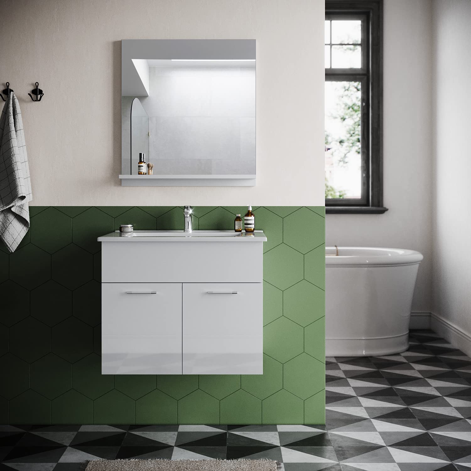 Set di mobili da bagno con lavabo bianco con mobiletto da 45 cm, set di mobili da bagno con specchio, programmi completi per il bagno, 2 pezzi, da appendere, lucido